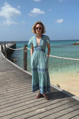 Pippa Short Sleeve Organic Cotton Block Print Dress | Buti Turquoise/Blue