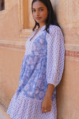 Marina Organic Cotton Print Mix Dress | Blossom Print Blue/White
