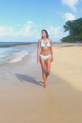 Recycled Halter Bikini Tunnel Side Bottoms | White/Turquoise