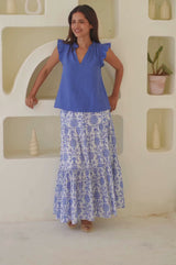 Becks Organic Cotton Block Print Skirt | Geo White/Cobalt