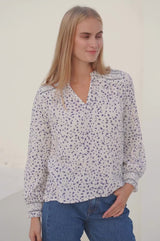 Printed Smocked Organic Cotton Cheesecloth Blouse | Ecru/Navy