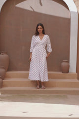 Jyoti Printed Rayon Dress | Polka Dot White/Chocolate