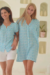 Mila Viscose Crinkle Shirt Tunic | White/Turquoise