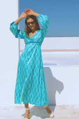 Katriona Satin Dress | Tropical Geo Navy/Turquoise