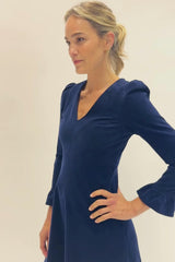 Victoria V-Neck Long Sleeve Stretch Corduroy Dress | Atlantic Blue