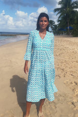 Hayden Organic Cotton Dress | Ikat white/turquoise