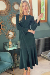 Paloma Round Neck Long Sleeve Stretch Corduroy Dress | Bottle Green