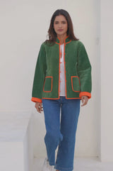 Velvet Quilted Jacket | Green/Orange