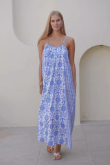 Bella Organic Cotton Block Print Sundress | White/Cobalt