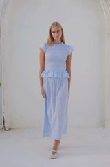 Smocked Organic Cotton Stripe Dobby Skirt | Blue/White