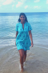 India Embroidered Organic Cotton Dress | Turquoise/Cobalt