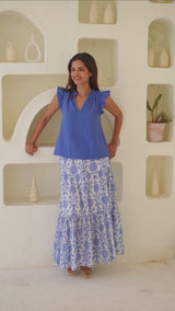 Frill Sleeve Organic Cotton Cheesecloth Top | Cobalt