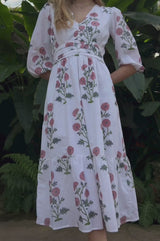 Jyoti Cotton Midi Dress | White/Pink/Green
