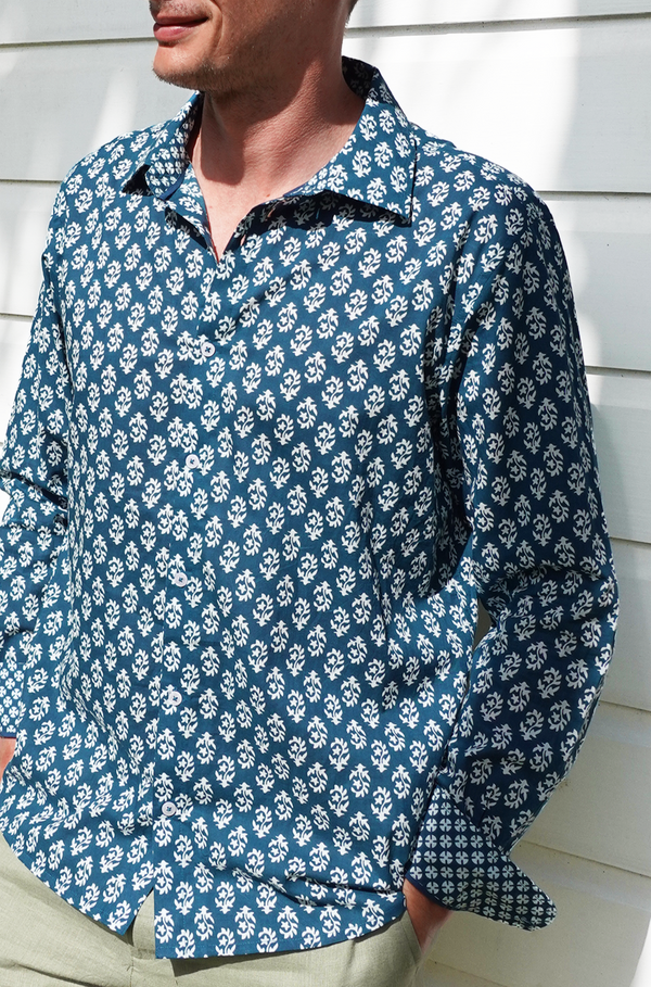 Men's Printed Cotton Shirt | Star Fern Teal/White