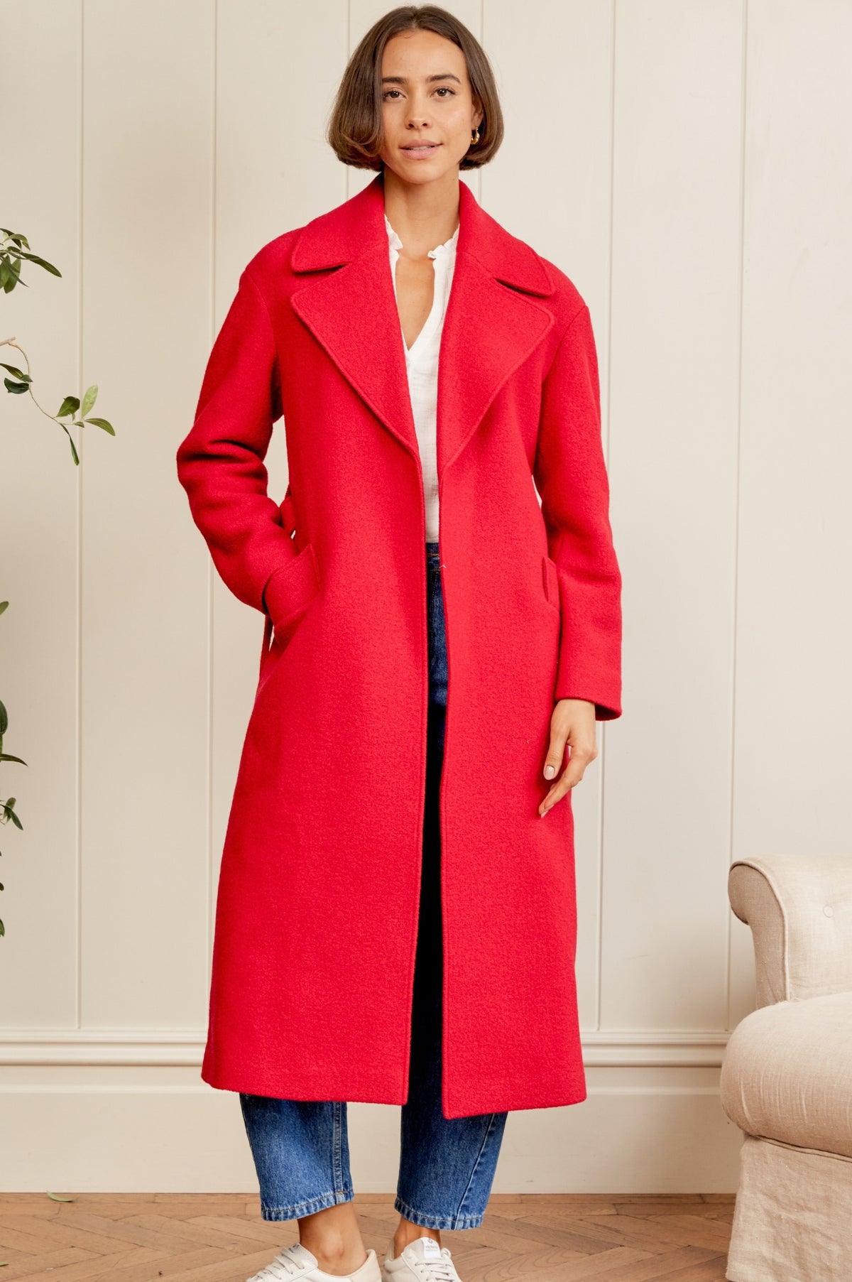 Aspiga Ladies Sustainable Wool Midi Coat Wrap Belt Detail Red