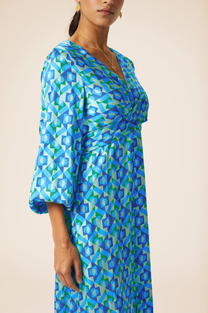 Katriona Satin Dress | Tropical Geo Navy/Turquoise