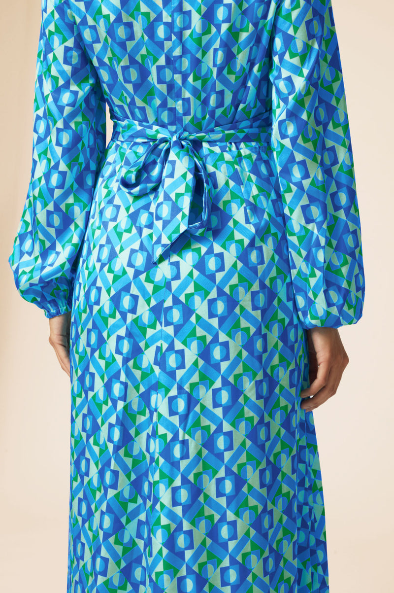 Katriona Satin Dress | Tropical Geo Navy/Turquoise