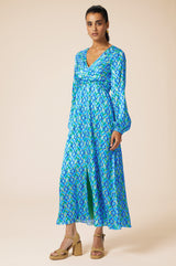 Katriona Satin Dress | Tropical Geo Navy/Turquoise