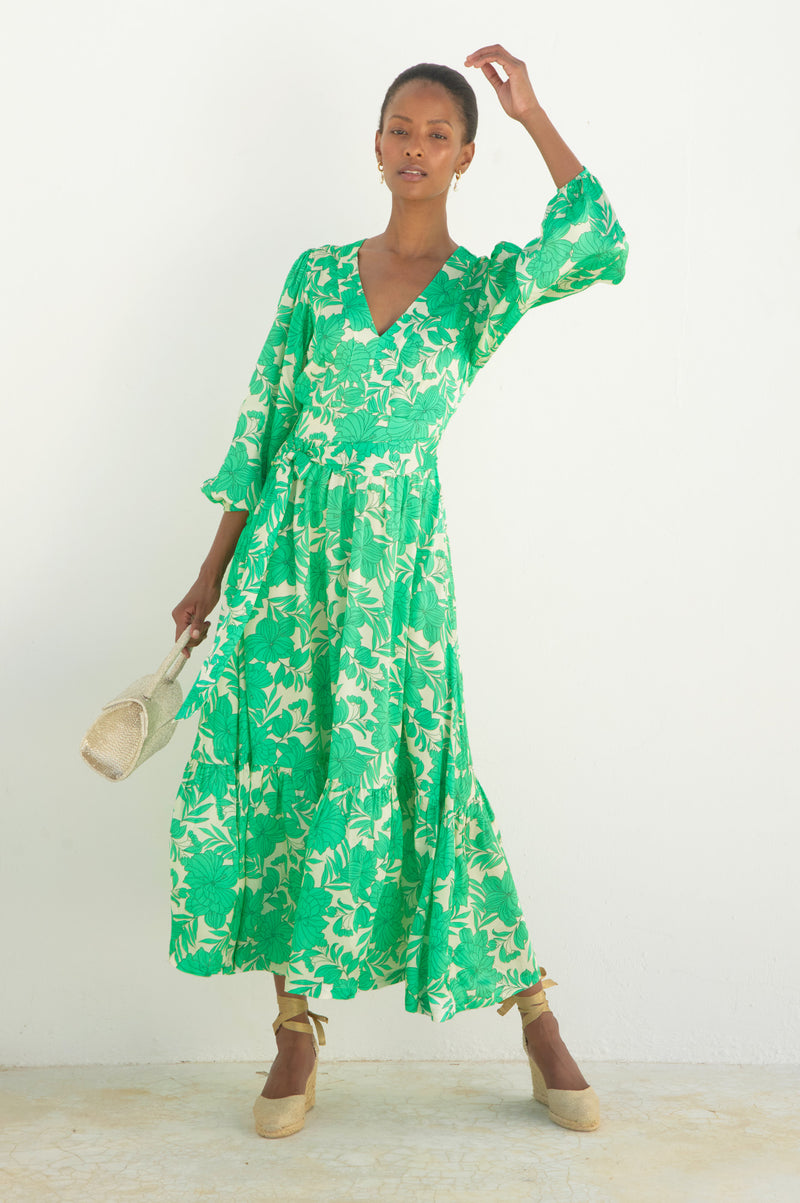 Annie Maxi Dress | Lined Floral Cream/Green