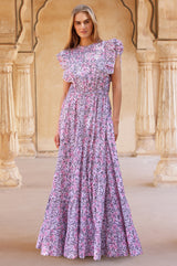 Rose Frill Maxi Dress | White/Green/Pink