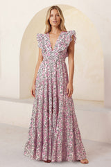 V Neck Rose Maxi Dress | White/Green/Pink