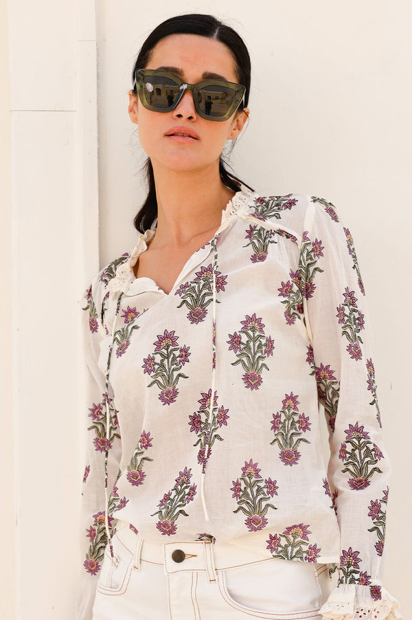 Rosie Organic Cotton Block Print Blouse | Antique Wildflower Cream/Red/Green