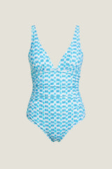 Recycled V-Neck Ruched Swimsuit | White/Turquoise