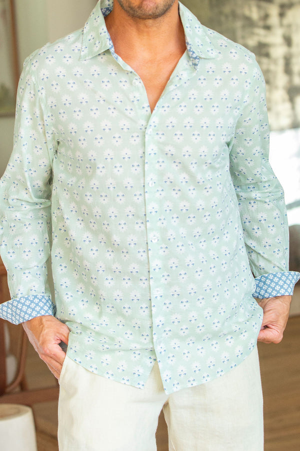 Men's Organic Cotton Shirt | Mini Sunflower Grey/Mint