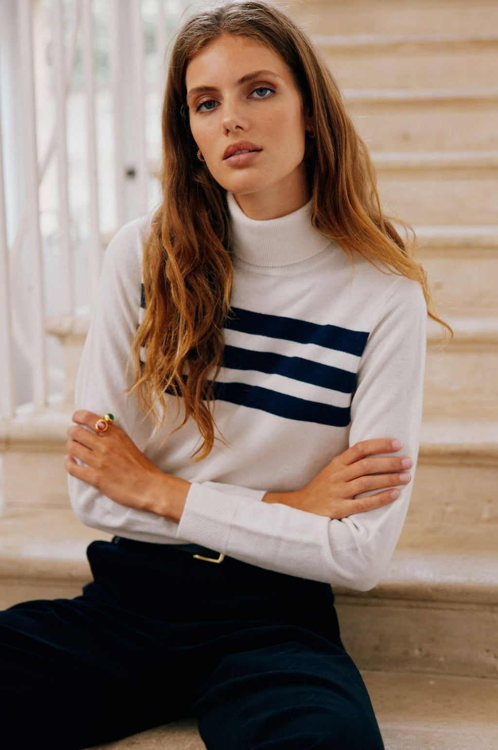 Merino Wool Striped Slim Fit Polo Neck Cream Navy