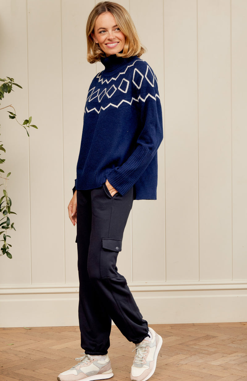Cashmere Blend Geo Fairisle Roll Neck Jumper  | Navy/Cream
