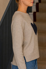 Cashmere Crew Neck Heart Jumper | Oat/Navy