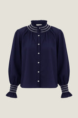 Embroidered Smocked Blouse | Navy/White
