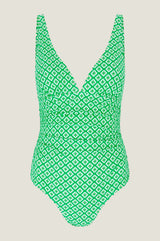 Recycled V-Neck Ruched Swimsuit | Diamond Geo Green