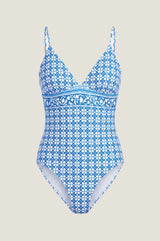 Recycled V-Neck Contrast Print Swimsuit | Blue/White