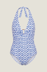 Recycled Halterneck Gathered Swimsuit | Ikat Navy/White
