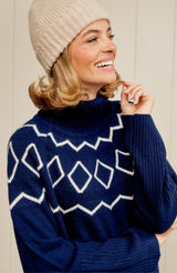Cashmere Blend Geo Fairisle Roll Neck Jumper  | Navy/Cream