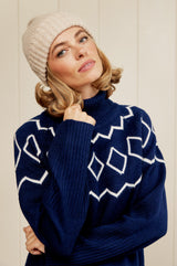 Cashmere Blend Geo Fairisle Roll Neck Jumper  | Navy/Cream