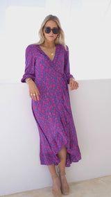 Demi Long Sleeve Wrap Dress | Cheetah Blue/Pink