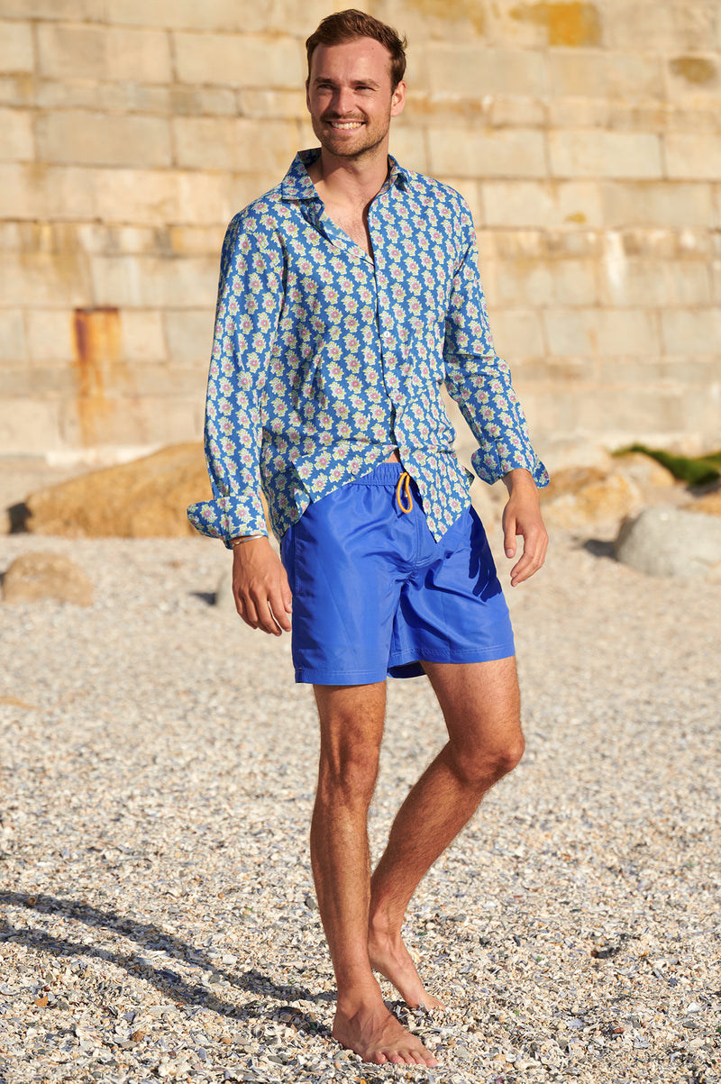 Men's-Organic-Cotton-Shirt-Hawaiian-Flower-Blue/Pink