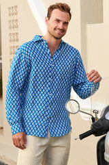 Men's Printed Linen Shirt | Trident Marina Blue/White