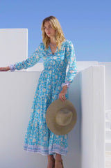 Billie Block Print Dress | Ornate Flower Turquoise