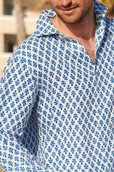 Menn's-Printed-Linen-Shirt-Trident-White/Marina-Blue