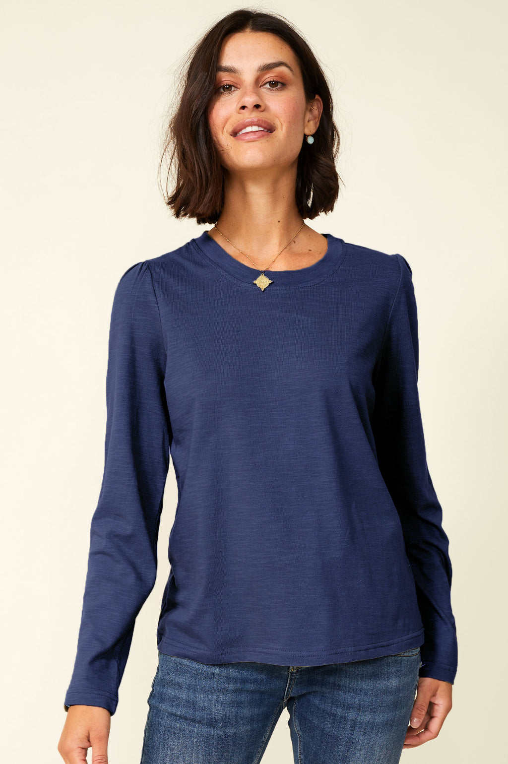 Long Sleeve Puff Shoulder T-Shirt Navy