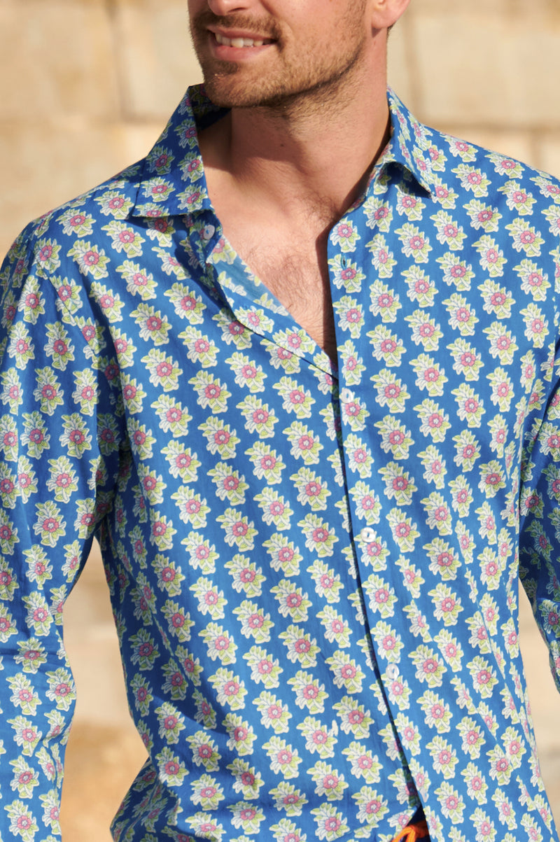 Men's-Organic-Cotton-Shirt-Hawaiian-Flower-Blue/Pink