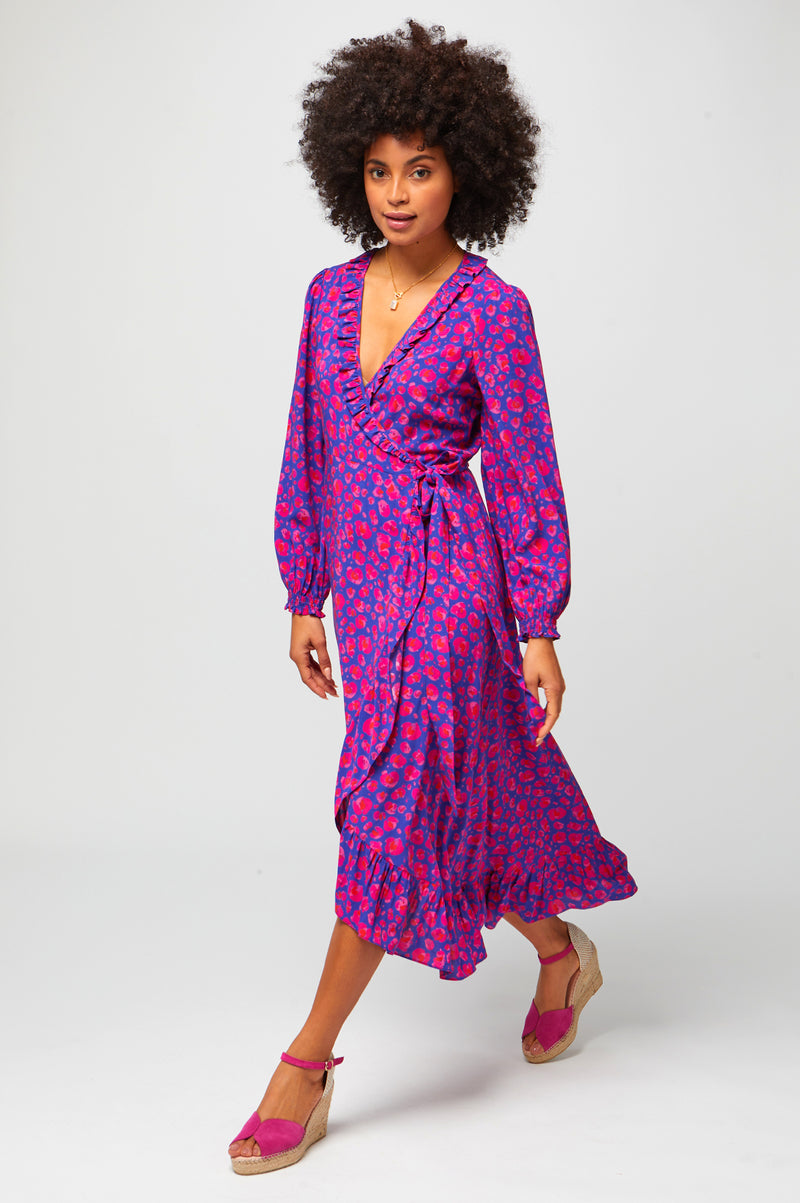 Demi-Long-Sleeve-Wrap-Dress-Cheetah-Blue/Pink