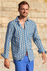 Men's-Organic-Cotton-Shirt-Hawaiian-Flower-Blue/Pink