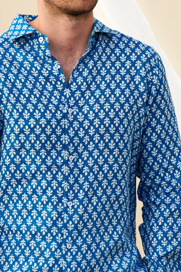 Men's Printed Linen Shirt | Trident Marina Blue/White