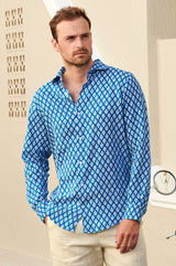 Men's Printed Linen Shirt | Trident Marina Blue/White