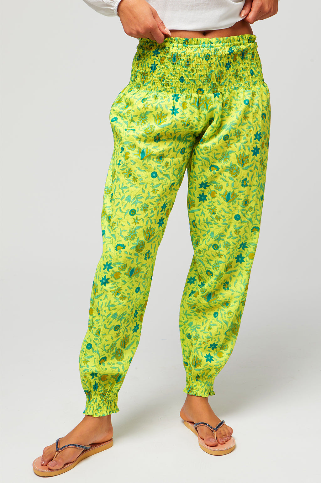 Harem Organic Cotton Trousers | Botanical Posies Lime Green