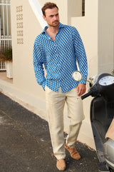 Men's Printed Linen Shirt | Trident Marina Blue/White